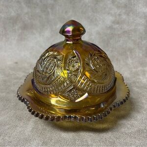 L.E. Smith Art Glass Gold Carnival Item # 310 Hobstar Covered Butter Dish